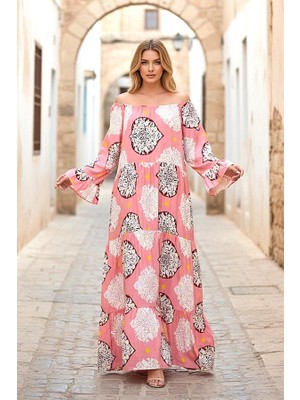 Modanı Seç Pembe Madonna Yaka Desenli Eteği Kat Kat Uzun Elbise