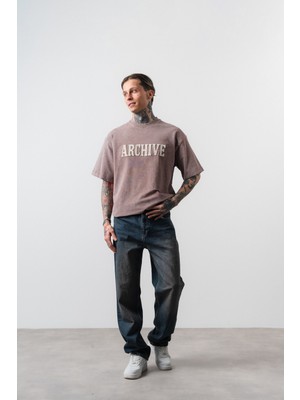 Respire Erkek Archive Nakışlı Yıkamalı Oversize T-Shirt Kahve