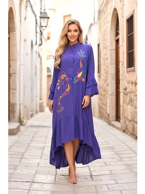 Modanı Seç Mor Dik Yaka Kol ve Etek Ucu Fırfırlı Cepli Nakışlı Oversize Uzun Elbise