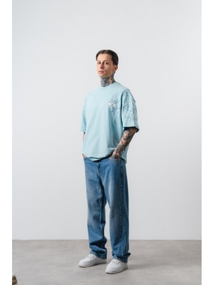 Respire Erkek Minimalism Series Nakışlı Oversized T-Shirt Bebe Mavi
