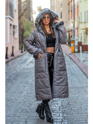 Modanı Seç Gri Kapüşonu Kürklü kolları Kürklü Büyük Beden Uzun Şişme Kaban