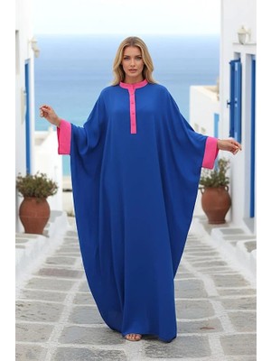 Modanı Seç Saks Mavi Sırtı Otantik Nakışlı Yarasa Kol Oversize Uzun Elbise