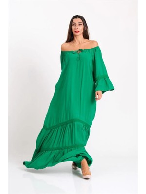 Modanı Seç Yeşil Carmen Yaka Fırfırlı Kol Etekleri Fistolu Oversize Uzun Elbise