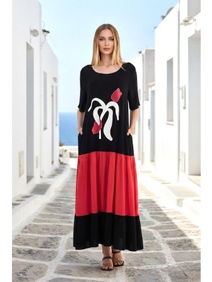 Modanı Seç Kırmızı Siyah Garnili Kayık Yaka Kısa Kollu Aplike Lale Nakışlı Uzun Elbise