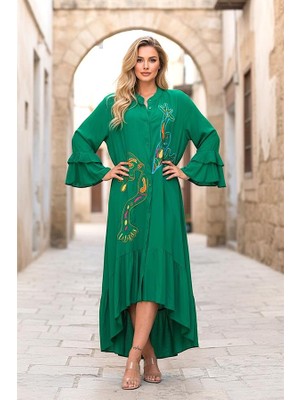Modanı Seç Yeşil Dik Yaka Kol ve Etek Ucu Fırfırlı Cepli Nakışlı Oversize Uzun Elbise