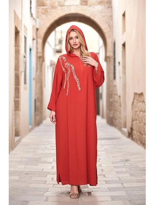 Modanı Seç Kiremit Rengi Kapüşonlu Nakışlı Cepli Oversize Uzun Elbise