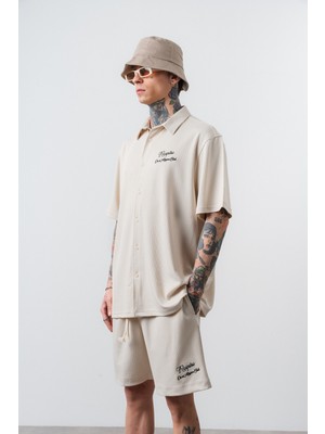 Respire Erkek Res Club Yazılı Oversize Gömlek Şort Takım Bej