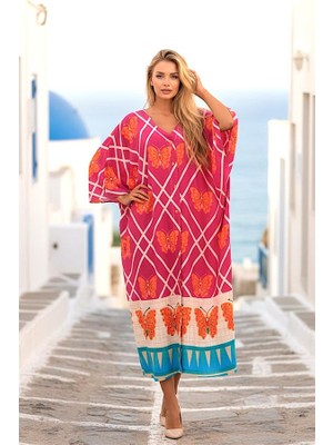 Modanı Seç Fuşya Kelebek Desenli V Yaka Yarasa Kol Cepli Oversize Uzun Gömlek Elbise