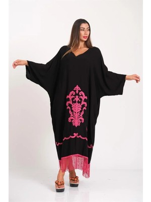 Modanı Seç Siyah Pembe Otantik Nakışlı V Yaka Eteği Püsküllü Cepli Oversize Uzun Elbise
