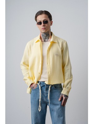 Respire Erkek R Nakışlı Uzun Kollu Müslin Oversize Gömlek Sarı