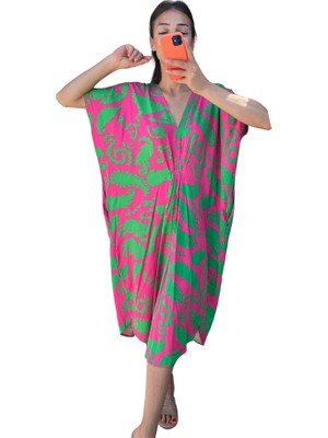 Modanı Seç Fuşya Yeşil Desenli V Yaka Tasarım Cepli Elbise