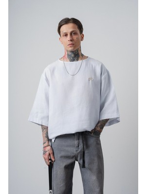 Respire Erkek R Nakışlı Fakir Kol Müslin Oversize T-Shirt Beyaz