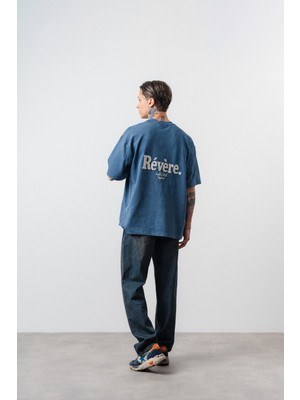 Respire Erkek Revere Nakışlı Yıkamalı Oversize T-Shirt Lacivert