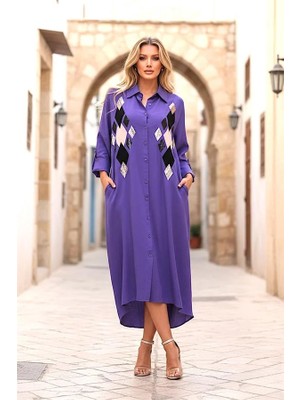 Modanı Seç Mor Önü Pul Payet Aplike Nakışlı Kolu Apoletli Uzun Gömlek Elbise