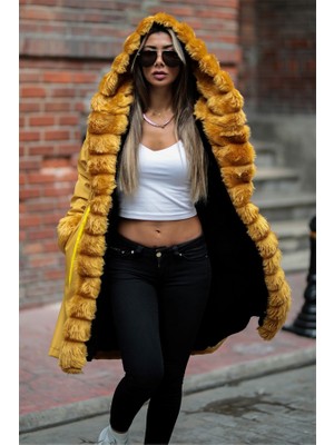 Modanı Seç Hardal Su Geçirmez Içi Kürklü Kapüşonlu Kürk Yaka Kaban