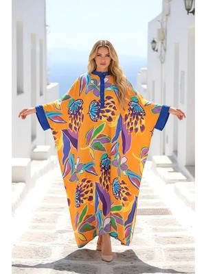 Modanı Seç Turuncu Çiçekli Sıfır Yaka Yarasa Kol Oversize Uzun Elbise