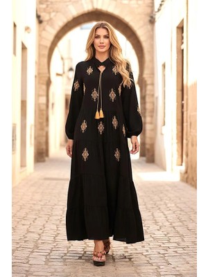Modanı Seç Siyah Önü ve Kolları Otantik Nakışlı Eteği Kat Kat Uzun Elbise