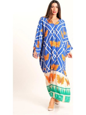 Modanı Seç Mavi Kelebek Desenli V Yaka Yarasa Kol Cepli Oversize Uzun Gömlek Elbise