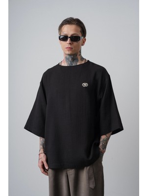 Respire Erkek R Nakışlı Fakir Kol Müslin Oversize T-Shirt Siyah