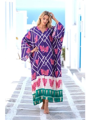 Modanı Seç Mor Kelebek Desenli V Yaka Yarasa Kol Cepli Oversize Uzun Gömlek Elbise