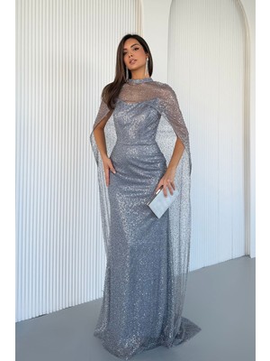 Feminist Gri Üzeri Şal Detaylı Simli ve Boncuk Işlemeli Straplez Abiye 0801153.06