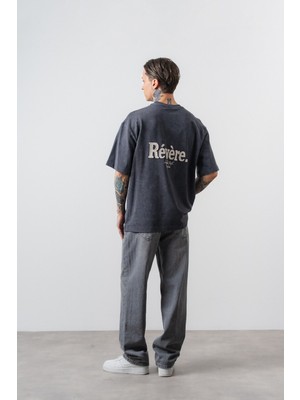 Respire Erkek Revere Nakışlı Yıkamalı Oversize T-Shirt Füme