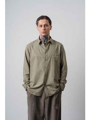 Respire Erkek Res Nakışlı Uzun Kollu Keten Oversize Gömlek Haki