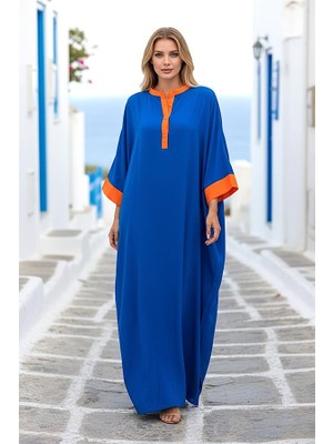 Modanı Seç Saks Mavi Sırtı Palmiye Nakışlı Yarasa Kol Oversize Uzun Elbise