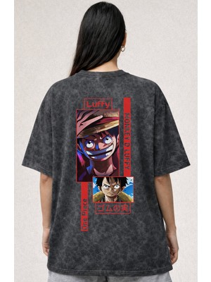 Sevbano Tasarım Monkey D. Luffy One Piece Anime Baskılı Unisex Oversize Eskitme Yıkamalı Tişört