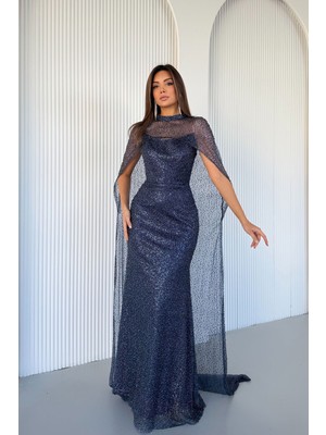 Feminist Lacivert Üzeri Şal Detaylı Simli ve Boncuk Işlemeli Straplez Abiye 0801153.02