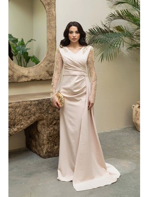 Feminist Taş Kolları Transparan Boncuk Işleme Detaylı Tesettür Abiye 080303.50