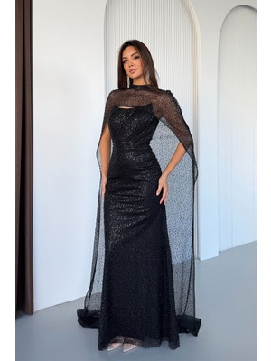 Feminist Siyah Üzeri Şal Detaylı Simli ve Boncuk Işlemeli Straplez Abiye 0801153.01