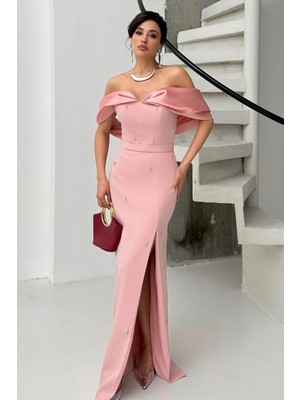 Feminist Pudra Üzeri Taş Işlemeli Yırtmaç Detaylı Düşük Omuz Abiye 0801091.79