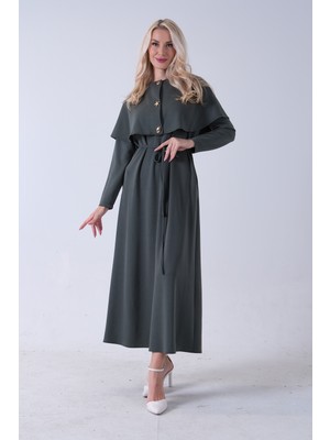 Feminist Yeşil Üzeri Kendinden Şallı Kemer Bağlamalı Tesettür Elbise 4571581.07