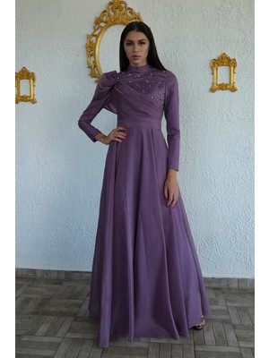 Feminist Lavanta Inci Detaylı Bisiklet Yaka Tesettür Abiye 6502511.333