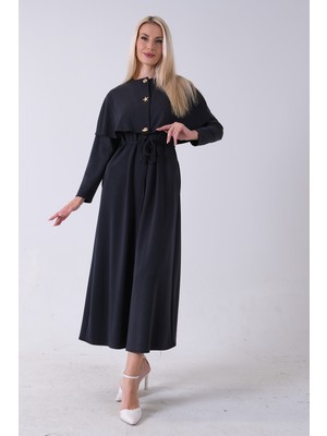 Feminist Siyah Üzeri Kendinden Şallı Kemer Bağlamalı Tesettür Elbise 4571581.01