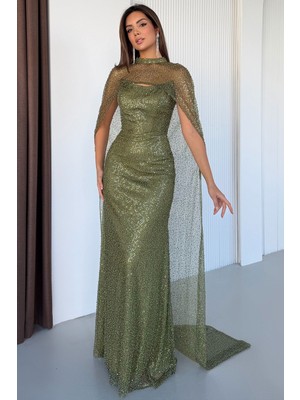 Feminist Haki Üzeri Şal Detaylı Simli ve Boncuk Işlemeli Straplez Abiye 0801153.23