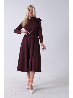 Feminist Bordo Omuz Fiyonk Detaylı Kemerli Bisiklet Yaka Scuba Tesettür Elbise 4593456.04