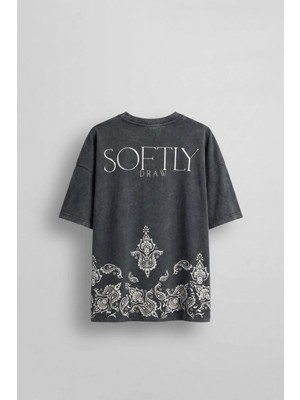 Abluka Online Erkek Oversize Etknik Desen Baskılı Yıkamalı T-Shirt Antrasit