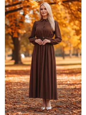 Feminist Kahve Boydan Düğme Kapamalı Bileği Lastikli Beli Kemerli Elbise 4593459.05