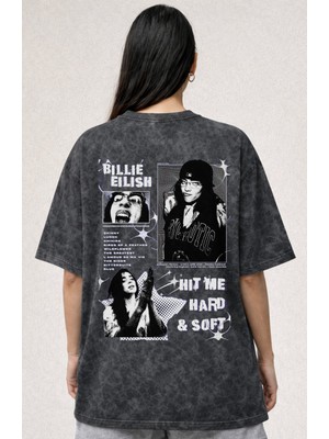 Sevbano Tasarım Billie Eilish Hit Me Hard And Soft Şarkıcı Baskılı Unisex Oversize Eskitme Yıkamalı Tişört