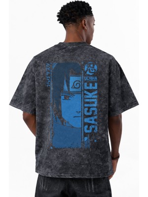 Sevbano Sasuke Uchiha Naruto Anime Karakterler Baskılı Unisex Oversize Eskitme Yıkamalı Tişört
