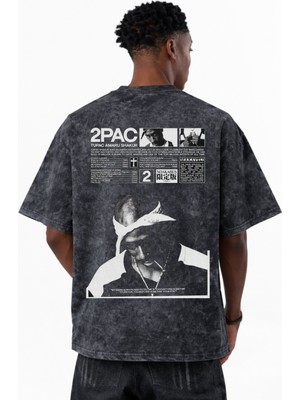 Sevbano Tasarım 2pac Tupac Amaru Shakur Şarkıcı Rapper Baskılı Unisex Oversize Eskitme Yıkamalı Tişört
