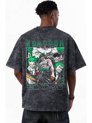 Sevbano Roronoa Zoro One Piece Anime Baskılı Unisex Oversize Eskitme Yıkamalı Tişört