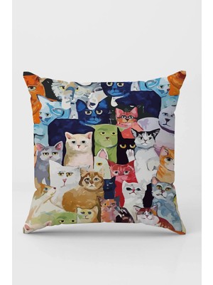 Renklı Kedi Topluluğu Çift Taraflı Yastık Kırlent Kılıfı SHKRL1120