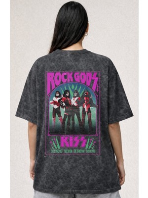 Sevbano Tasarım Rock Gods Kiss Rock Metal Müzik Grubu Baskılı Unisex Oversize Eskitme Yıkamalı Tişört