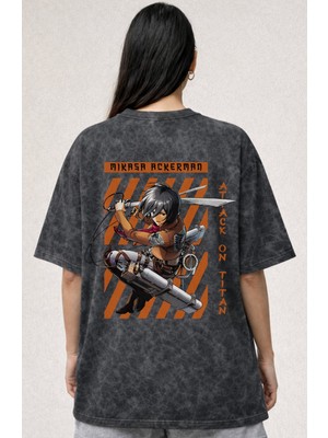 Sevbano Mikasa Ackerman Attack On Titan Anime Baskılı Unisex Oversize Eskitme Yıkamalı Tişört