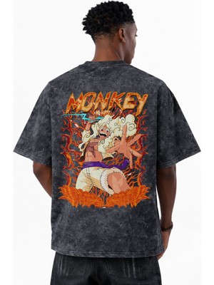 Sevbano One Piece Monkey D. Luffy Anime Baskılı Unisex Oversize Eskitme Yıkamalı Tişört