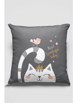 Gri Renk Kedi ve Kuş Desenli Çift Taraflı Kırlent Kılıfı SHKRL440