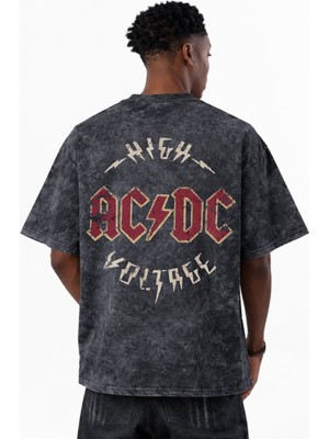 Sevbano Tasarım High Voltage Ac Dc Rock Metal Müzik Grubu Baskılı Unisex Oversize Eskitme Yıkamalı Tişört